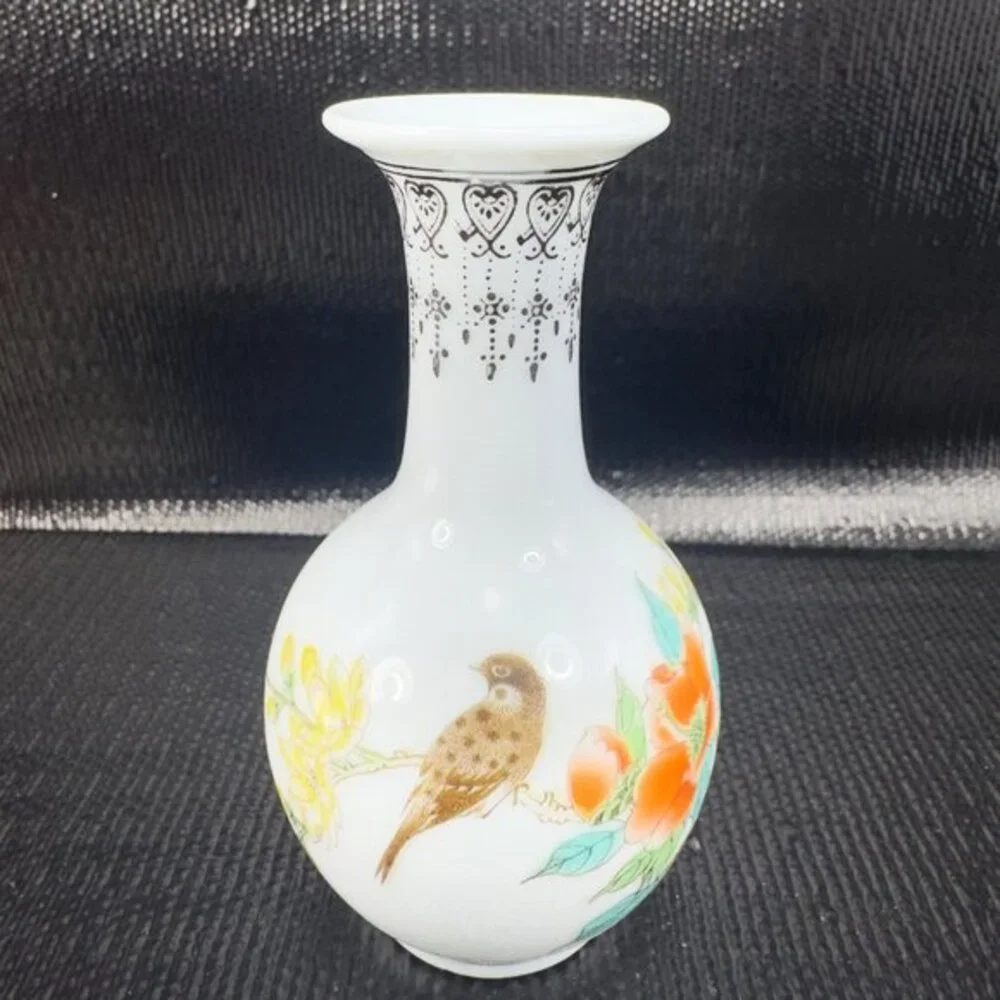 Zhongguo Jingdezen Zhi Bottle Bud Vase Fine Porcelain Vase Birds‎ Flowers VTG
